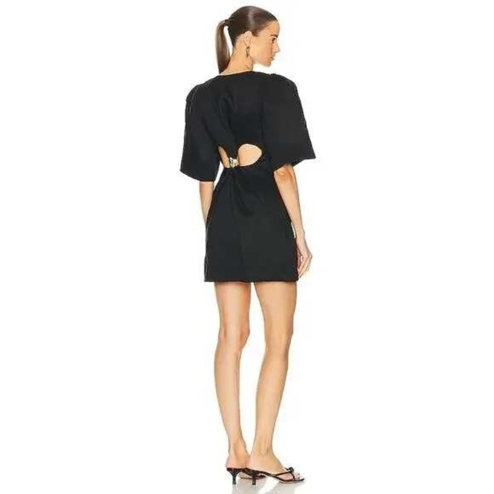 Aje Hunter Cutout Mini Dress Black Puff Sleeve Gold Hardware Linen - Size 8